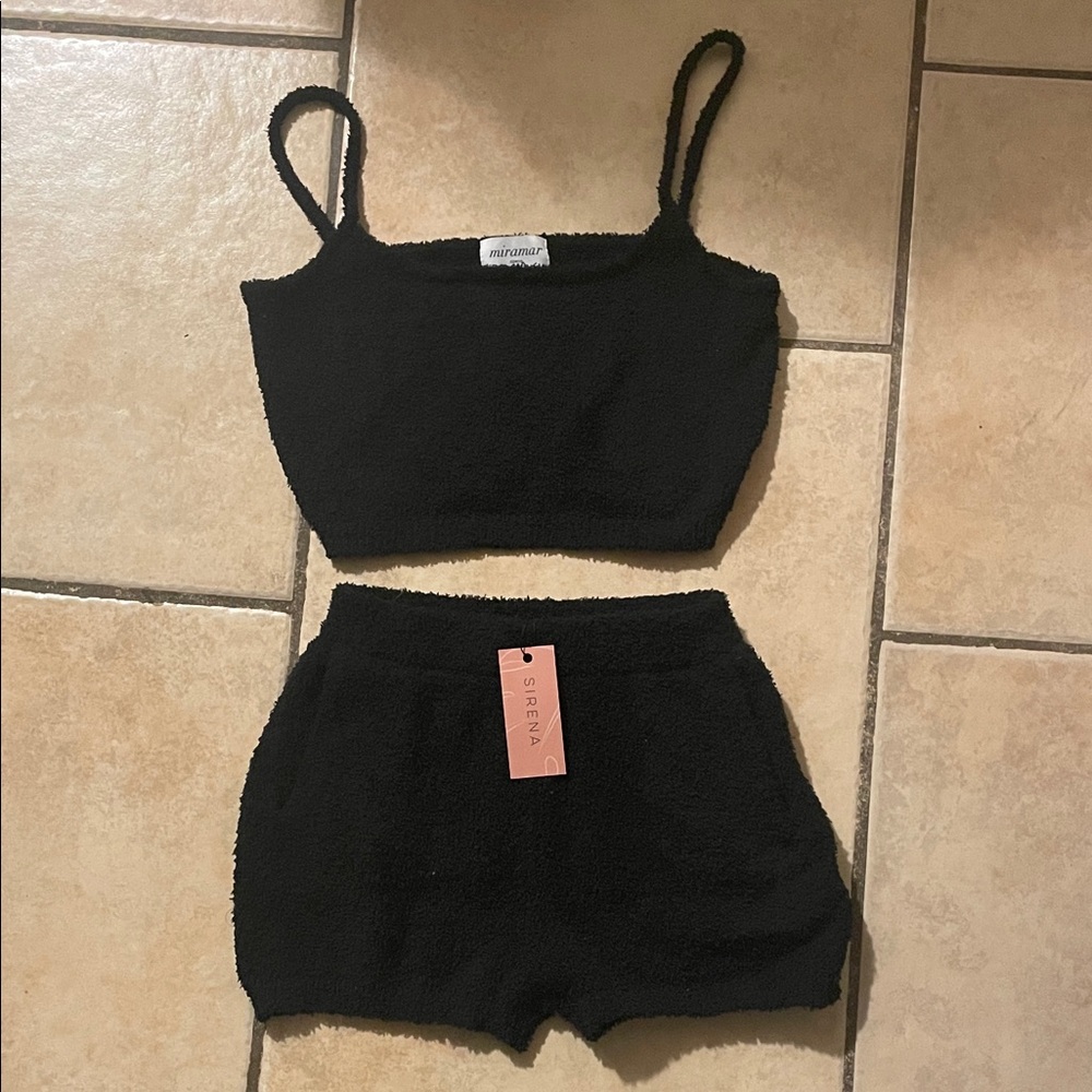 Black Fuzzy Crop Top and Shorts Set